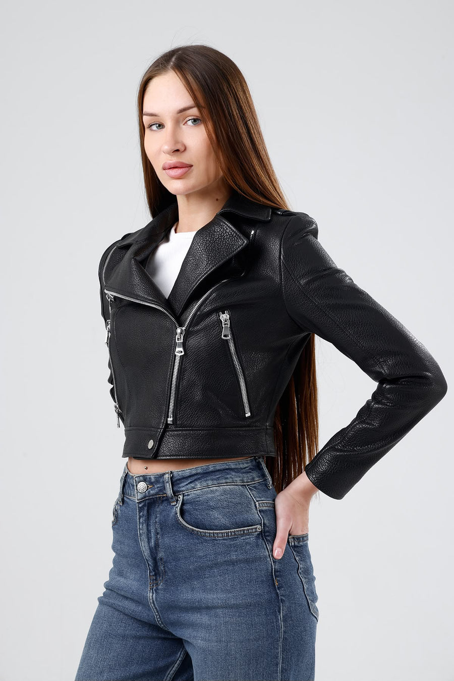 Kadın Crop Biker Siyah Deri Ceket Asimetrik Fermuarlı