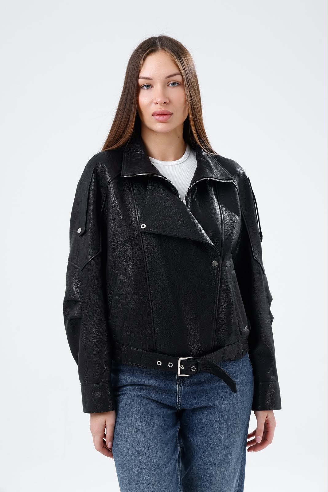 Kadın Kemerli Oversize Biker Siyah Deri Ceket