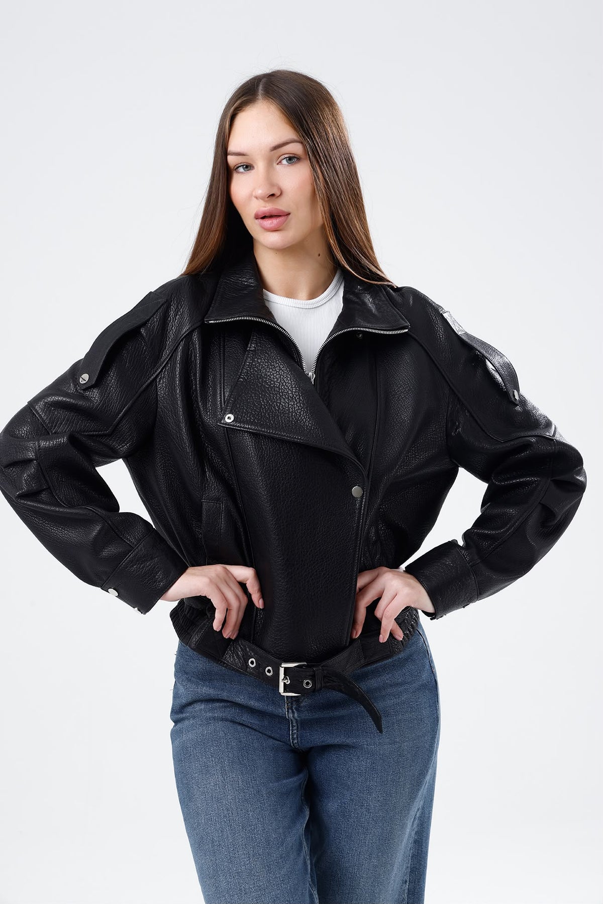 Kadın Kemerli Oversize Biker Siyah Deri Ceket