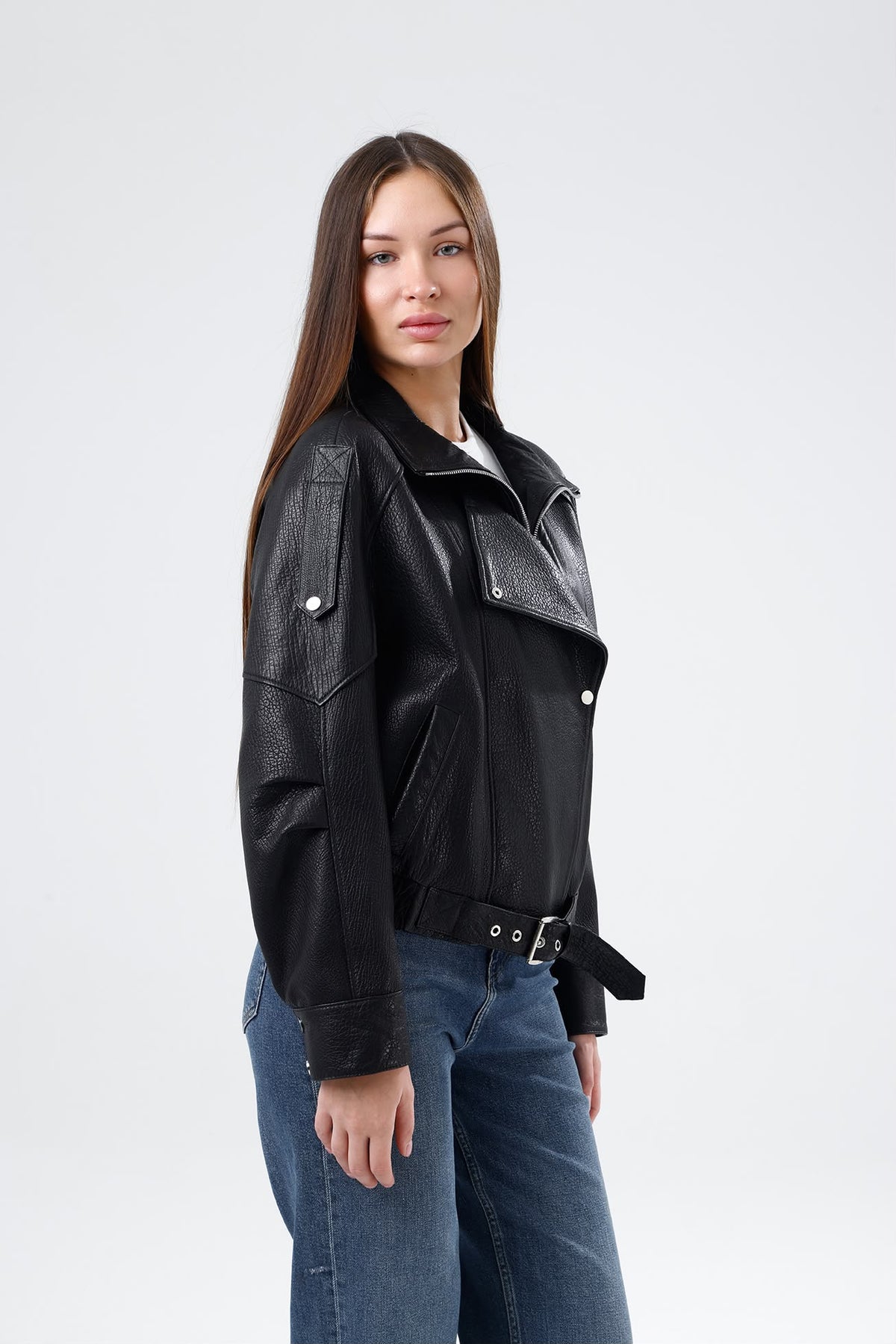 Kadın Kemerli Oversize Biker Siyah Deri Ceket
