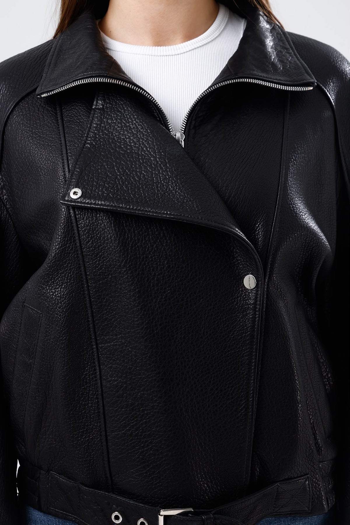 Kadın Kemerli Oversize Biker Siyah Deri Ceket