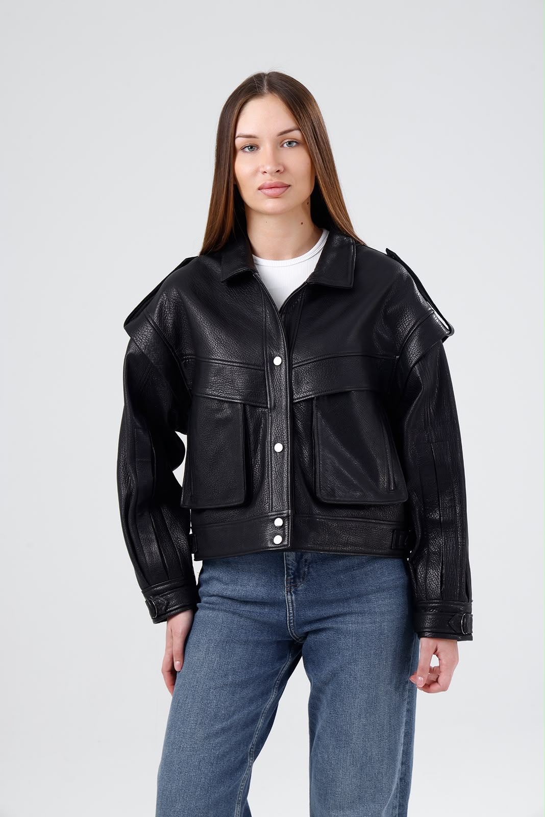 Kadın Oversize Cepli Siyah Deri Gömlek Ceket