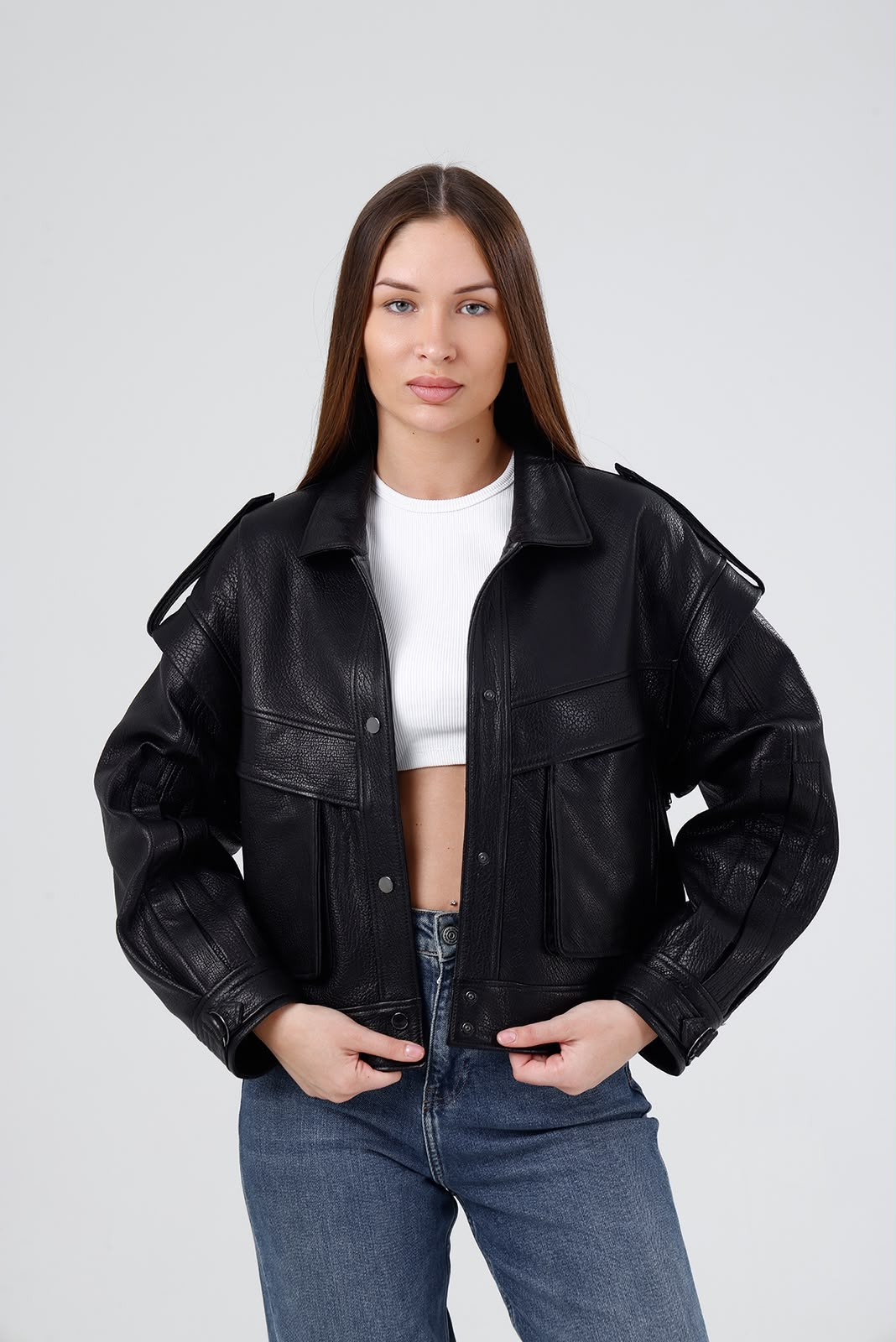 Kadın Oversize Cepli Siyah Deri Gömlek Ceket