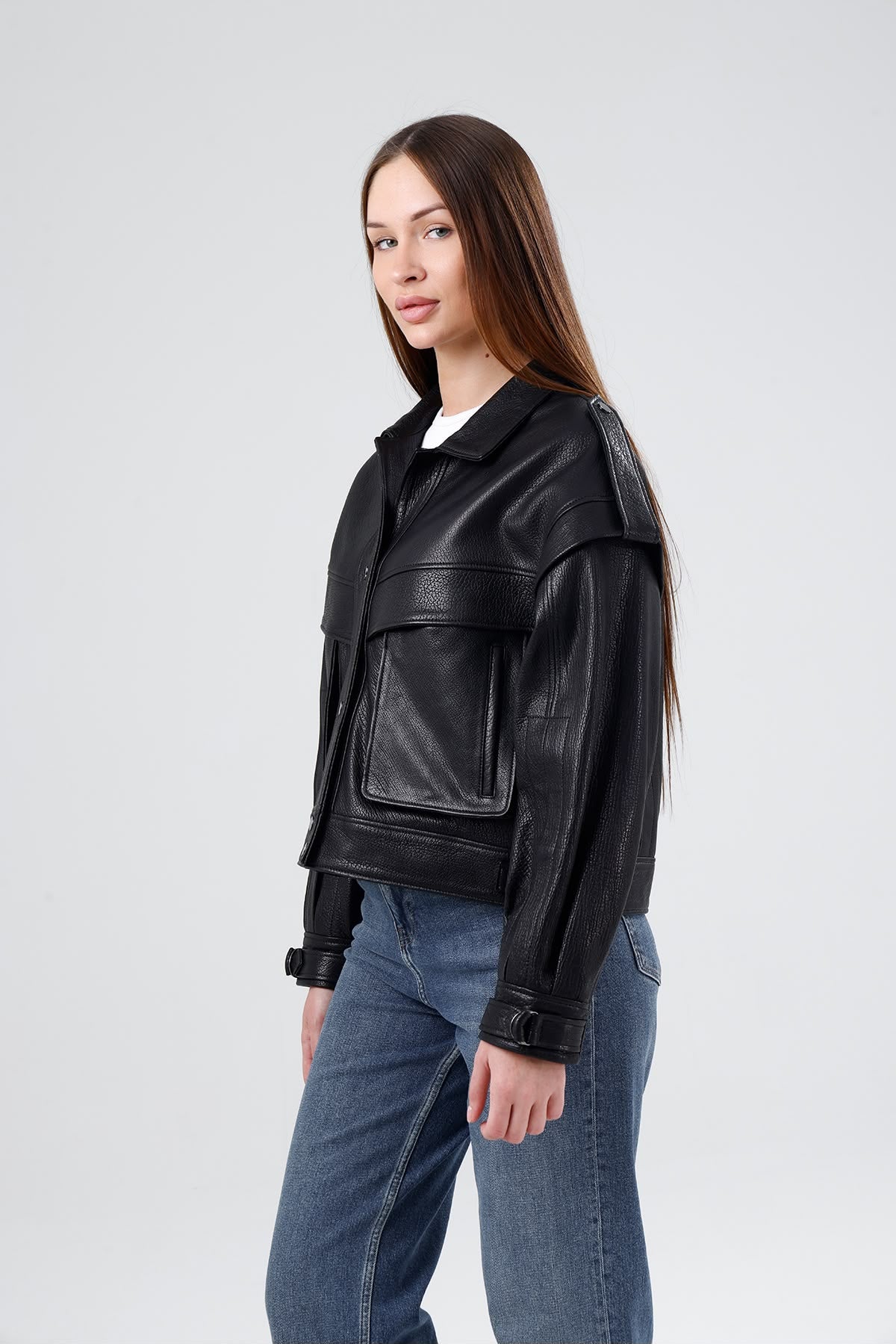 Kadın Oversize Cepli Siyah Deri Gömlek Ceket